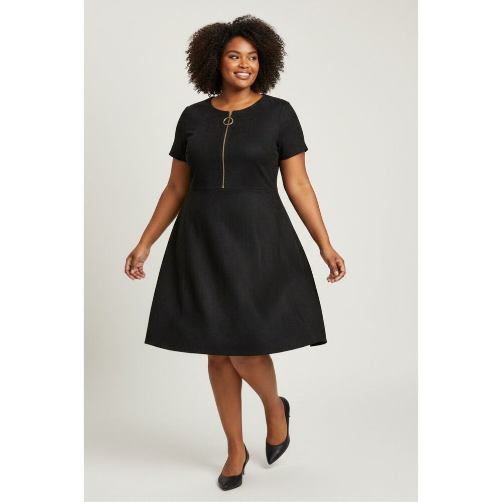 Calvin Klein Faux Suede Sheath Dress XL Black O-Ring Zip Short Sleeve